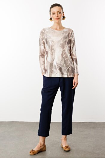 Desen Triko Colorful Leaf Patterned Blouse - Women's Crew Neck Mink