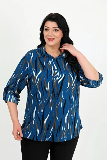 By Alba Collection Women's Navy Blue Patterned Cotton Viscose Large Size Shirt