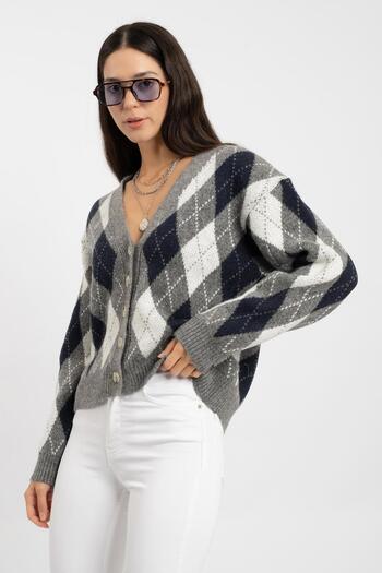 RTD&VLD Women's Vita-177 Argile Comfortable Jalıp Diamond Pattern Buttoned Knitwear Cardigan Indigo