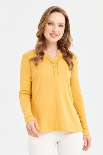 Desen Triko Women's Shoulder and Collar Needle Embroidered Cotton Blouse Mustard