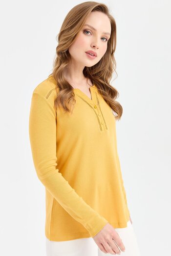 Desen Triko Women's Shoulder and Collar Needle Embroidered Cotton Blouse Mustard