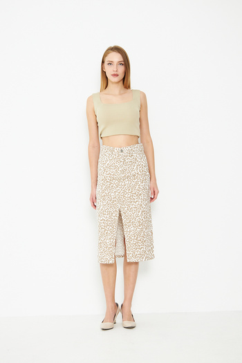 comstar Women's High Waist Slit Leopard Pattern Beige Denim Skirt