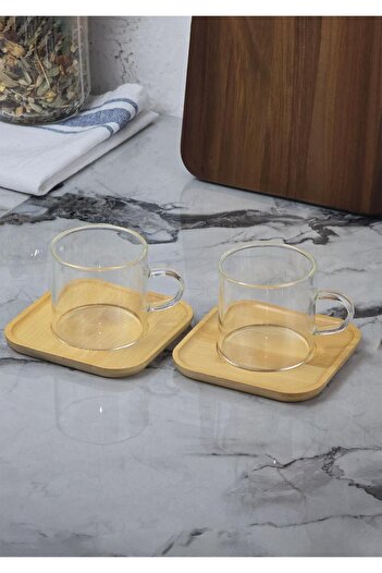 HomeTarz Set of 2 Coffee Cups - Set of Coffee Cups with Bamboo Plates - 4 Pieces - 100 ml