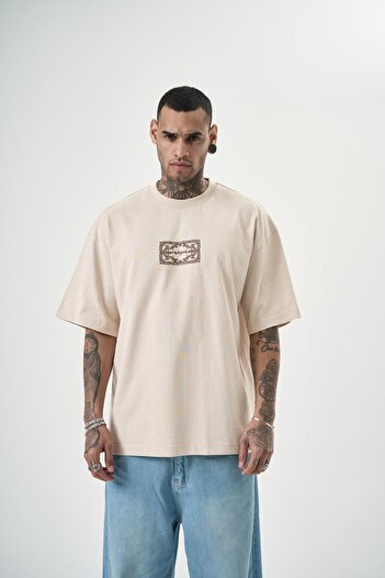 Respire Μπεζ Oversize T-Shirt Ανδρικά Στολίδια με στάμπα