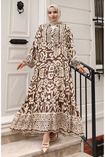sefamerve Alaçatı Patterned Half Buttoned Viscose Dress 0042-04 Brown