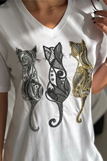 FEMELLE Women's White V-Neck Large Size Cat Sequin Sequin Embroidered 100% Cotton T-Shirt