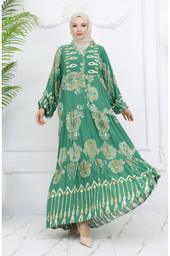 sefamerve Alaçatı Patterned Half Buttoned Viscose Dress 0040-01 Green