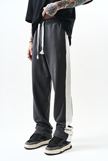 Respire Men's Leg Detailed Interlock Baggy Sweatpants Smoked