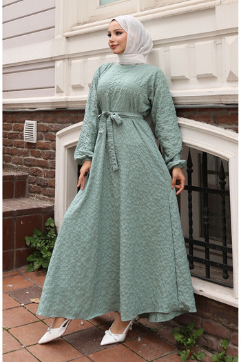 sefamerve Seersucker Fabric Elastic Belted Dress 2020-06 Green