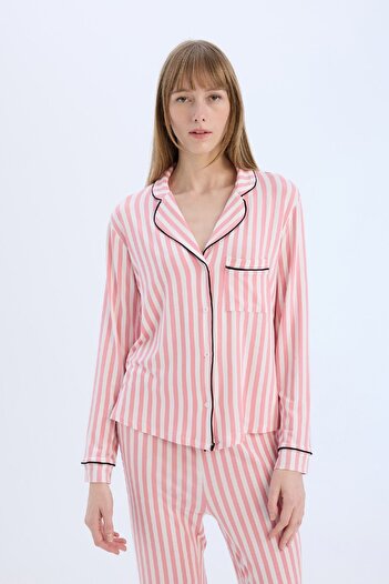 DeFacto Pijama Takımı Çizgili Uzun Kollu Üst Beli Lastikli Uzun Alt-fall In Love D6845ax25sp