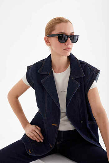 Perryes Women's Side Pocket Detailed 100% Cotton Denim Vest