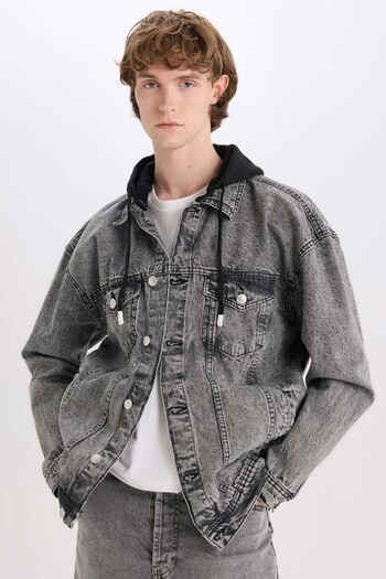 DeFacto Oversize Wide Fit Hooded Buttoned Seasonal Spring Jean Jacket D0416Ax25Sp