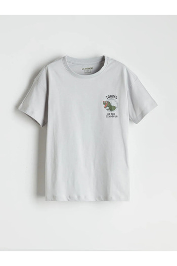 LC Waikiki LCW Kids Gri Crewneck Dinozaur Imprimat Băieți Set de pijamale cu pantaloni scurți