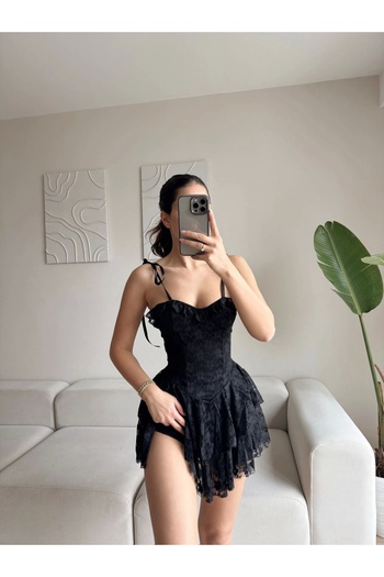 Zoom Butik Şortlu Bel Korse Dantel Elbise - SİYAH