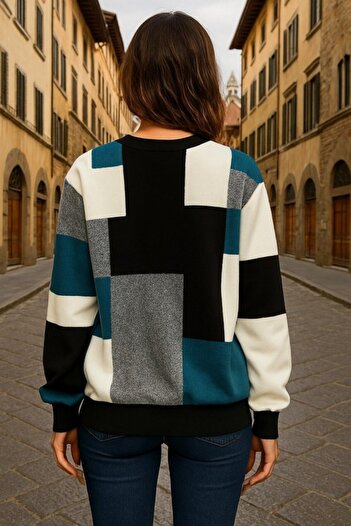 EyesOf    Women's Long Sleeve Crew Neck Color Block Print Diver Blouse
