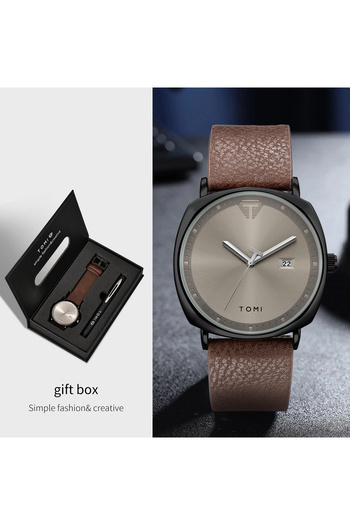 Choice Brown Black TOMI New 2PCS Luxury Business Men Watch Gift Box Set Simple and Casual Men Calendar Quar