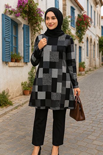 Modayakamoz    Women's Long Sleeve Round Neck Geometric Single Jersey Dress