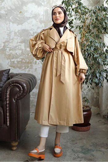 TRENDTESETTÜR KADIN KAHVE (CAMEL) KUŞAKLI TRENÇKOT T 25842