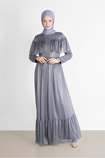 Alvina Foil Dress - Bead Detail and Ruffle, Model 42786