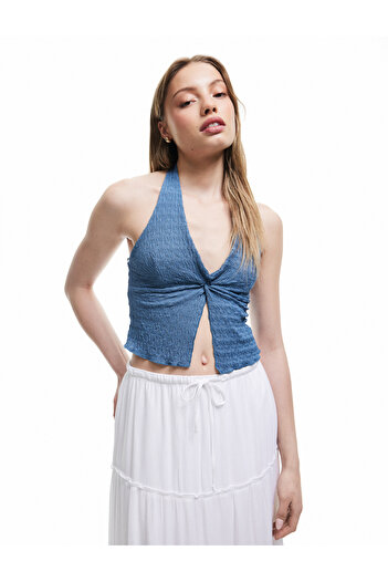 Koton Double Breasted V Neck Shirred Slit Detailed Wrap Crop Top