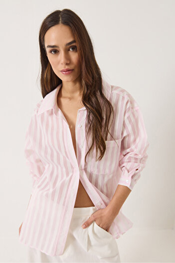 Bianco Lucci Women's Striped Single Pocket Detailed Oversize Shirt 2077 60283117