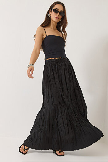 Bianco Lucci Women's Elastic Waist Crush Effect Long Skirt 60283112
