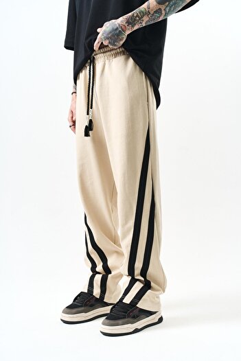 Respire Men's Oblique Stripe Detailed Interlock Baggy Sweatpants Beige