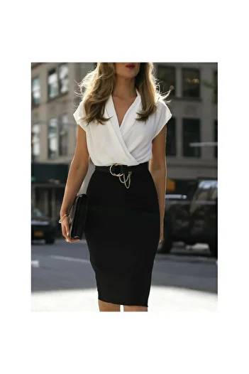 JANES Women's Short Sleeve Double Breasted Collar Crepe Midi Dress (Without Belt)