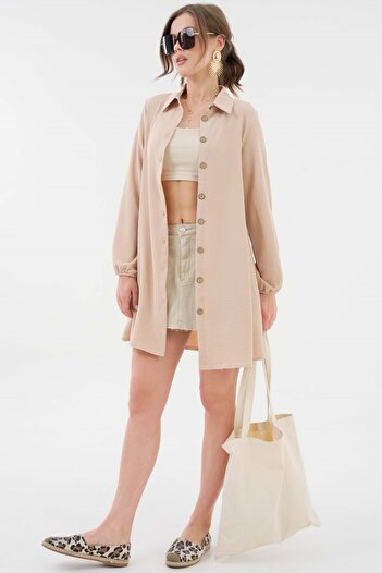 Saade Beige Wooden Buttoned Tunic