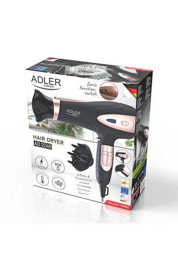 adler Uscător de păr AD2248b, negru, difuzor, 2200W, ionizare, 2 viteze, 3 setări de temperatură