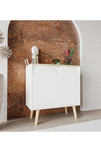 VM VERTEX MOBİLYA Venezia Ahşap Ayaklı Bohem Konsol-çok Amaçlı Dolap-vitrin Safir Meşe-beyaz 76 Cm