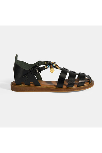 Desa Women's Black Leather Sandals with Adjustable Buckle and Accessory Detail