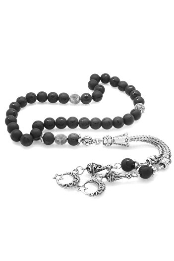 Tesbihane Non-Tarnish Metal Crescent and Star Tasseled Globe Cut and Star Patterned Onyx Natural Stone Rosary