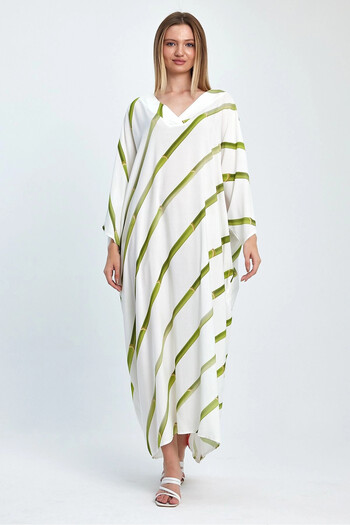 Denismoda Vp932 Women's V-Neck Back Parrot Pattern Dress White Green