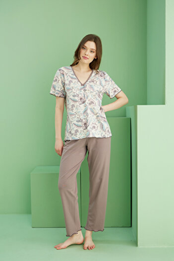Siyah İnci Mink Pattern V-Neck Knitted Cotton Pajamas Suit 25113234