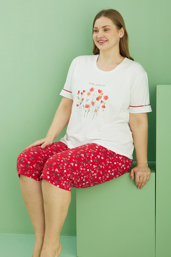 Siyah İnci Ecru Patterned Curve Large Size Oversize Cotton Capri Suit 25112752