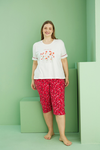 Siyah İnci Ecru Patterned Curve Large Size Oversize Cotton Capri Suit 25112752