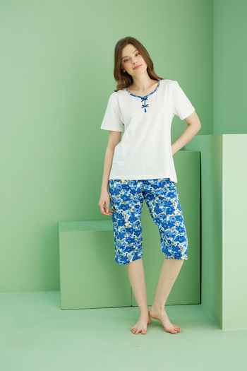 Siyah İnci Ecru Patterned V-Neck Knitted Cotton Capri Suit 25112255