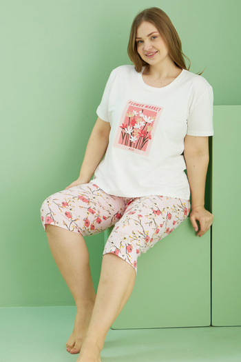 Siyah İnci Ecru Patterned Curve Large Size Oversize Cotton Capri Suit 25112730