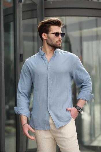 Madmext Ανδρικό πουκάμισο Blue Basic 100% βαμβακερό μακρυμάνικο E6761