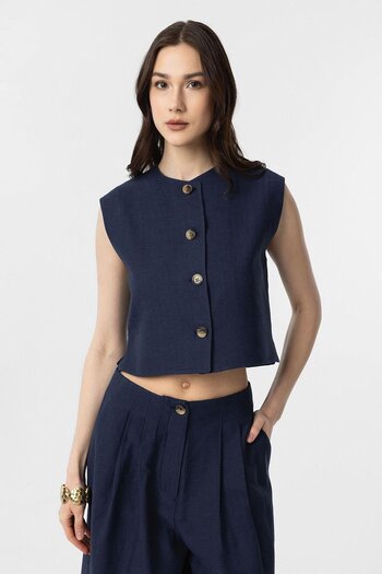 Antioch Navy Blue Linen Blended Women's Vest