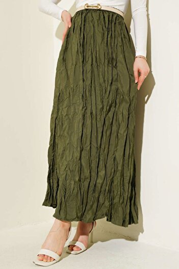Melike Tatar Khaki Crinkle Voile Skirt 3-3022 (Without Belt)