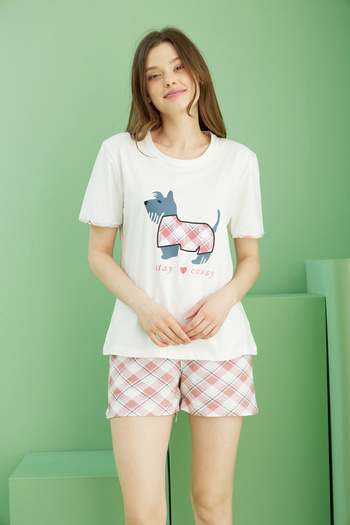 Siyah İnci Ecru Patterned Cotton Crew Neck Knitted Shorts Set 25115044