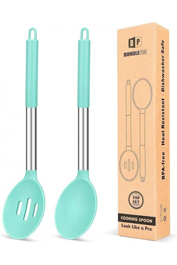 Bundlepro Set of 2 BUNDLEPRO cooking spoons, stainless steel/silicone, silver/light blue