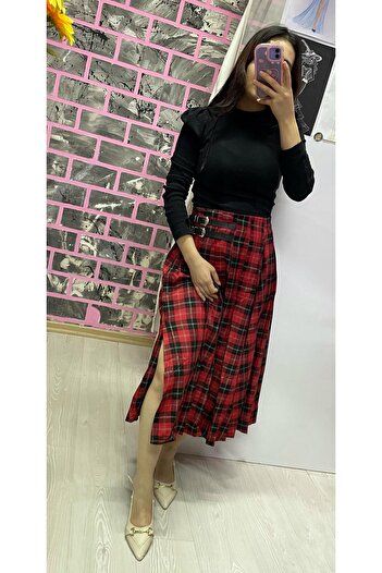 EGELİMODA Belted Midi Length Flared Plaid Skirt