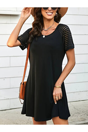 buğrahayalin Women's Short Sleeve Round Neck Stripe Sleeve Detailed Viscose Dress