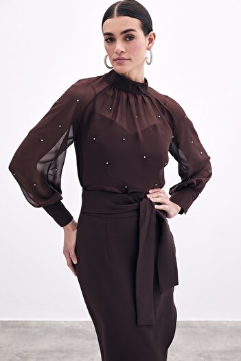 Sateen Stone Detailed Transparent Blouse, Cafe Sleeve Pond