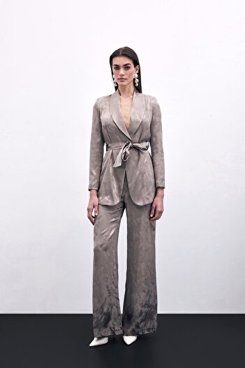 Sateen Jacquard Wide Leg Trousers - Mink