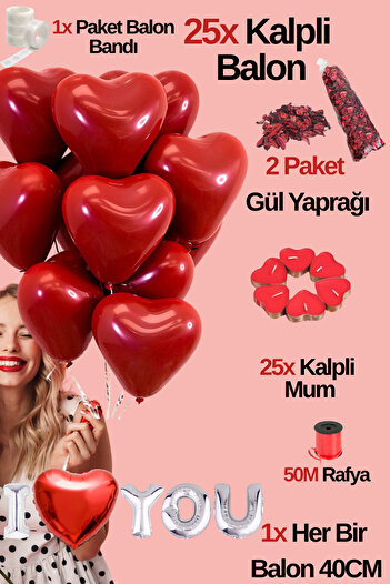 Baloncu Dede 25 Red Heart Balloon Set I Love You Written Foil Balloon 25 Heart Candle Helium Compatible Lover's Day
