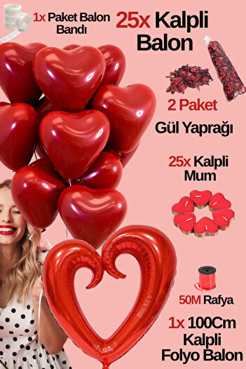 Baloncu Dede 25 Red Heart Balloon Set Big Heart Foil Balloon 25 Heart Candle Helium Compatible Lover Special Day